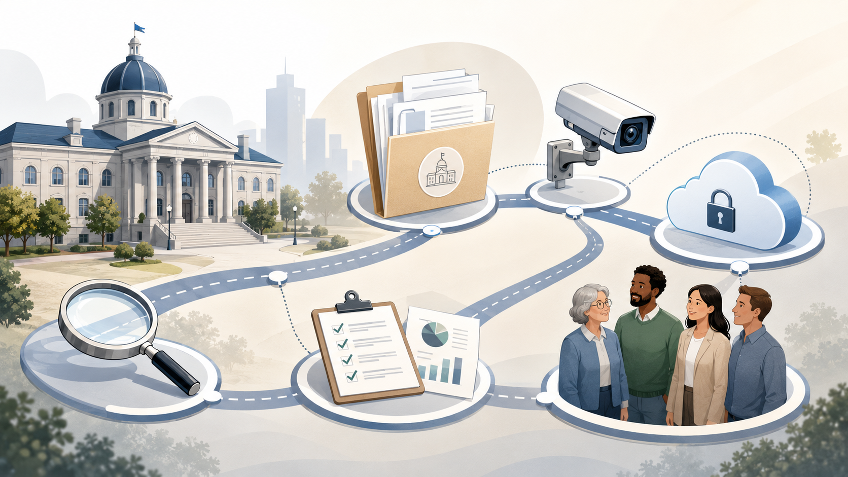 A civic guide or roadmap showing City Hall, public records, cameras, cloud storage, and residents connected through oversight and transparency.