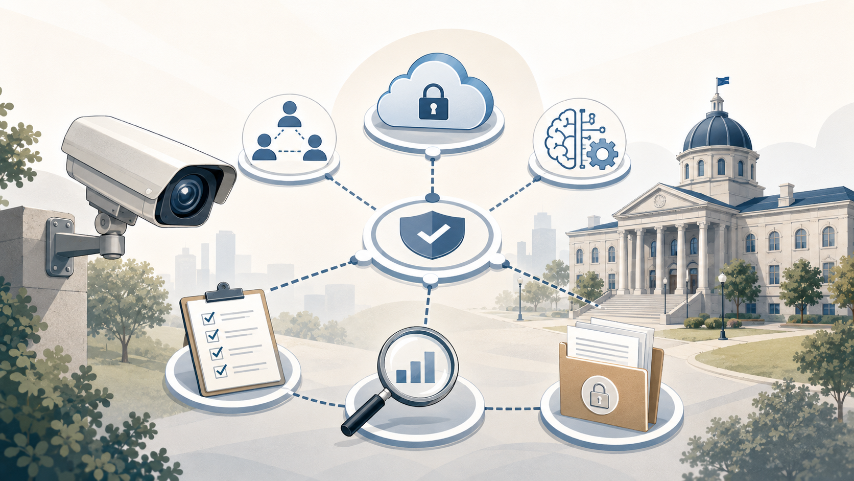 Police camera connected to cloud storage, data-sharing, AI tools, and City Hall to show modern surveillance systems as data networks.