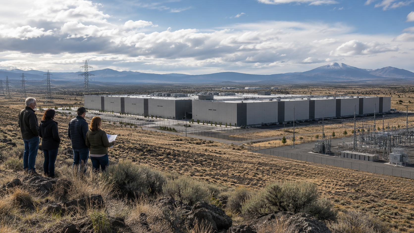 Large data center facility near power lines in an Oregon landscape, representing questions about energy use, water use, and public accountability.