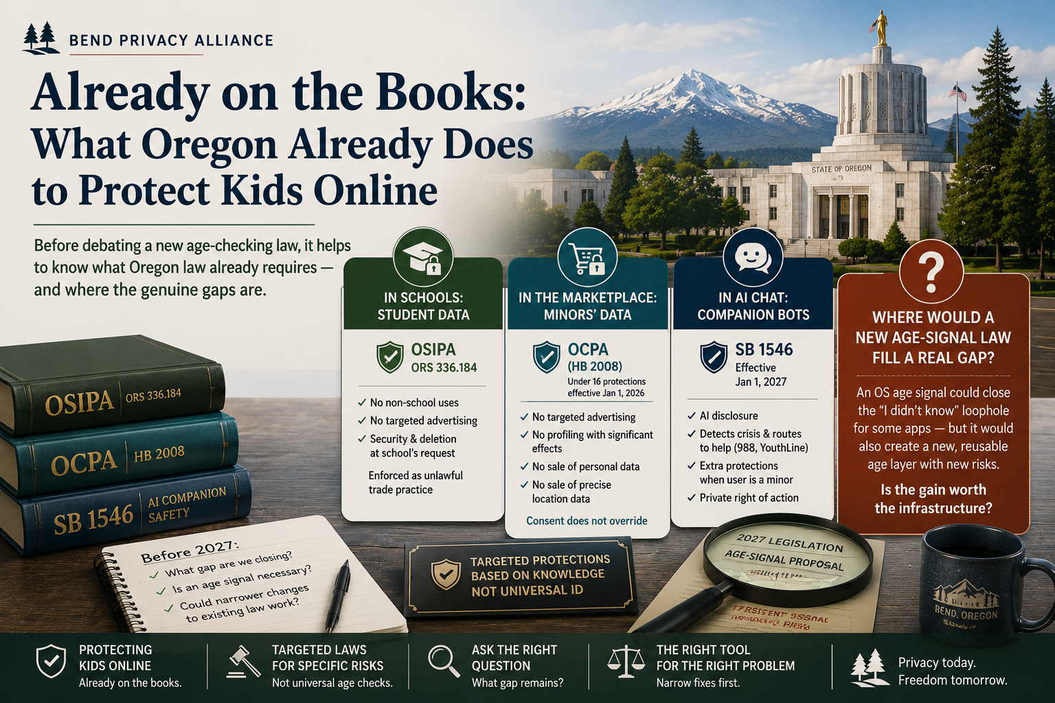 Bend Privacy Alliance — Already on the Books: what Oregon already does to protect kids online (OSIPA student data, OCPA/HB 2008 under-16 limits, SB 1546 AI-companion safety), and where a new age-signal law would fill a real gap.