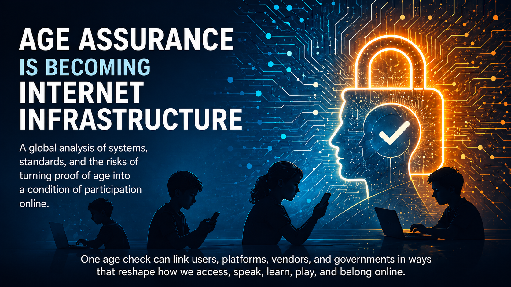 Editorial illustration of a web access gate branching into identity document, face scan, behavioral analysis, device signal, and anonymous credential pathways.