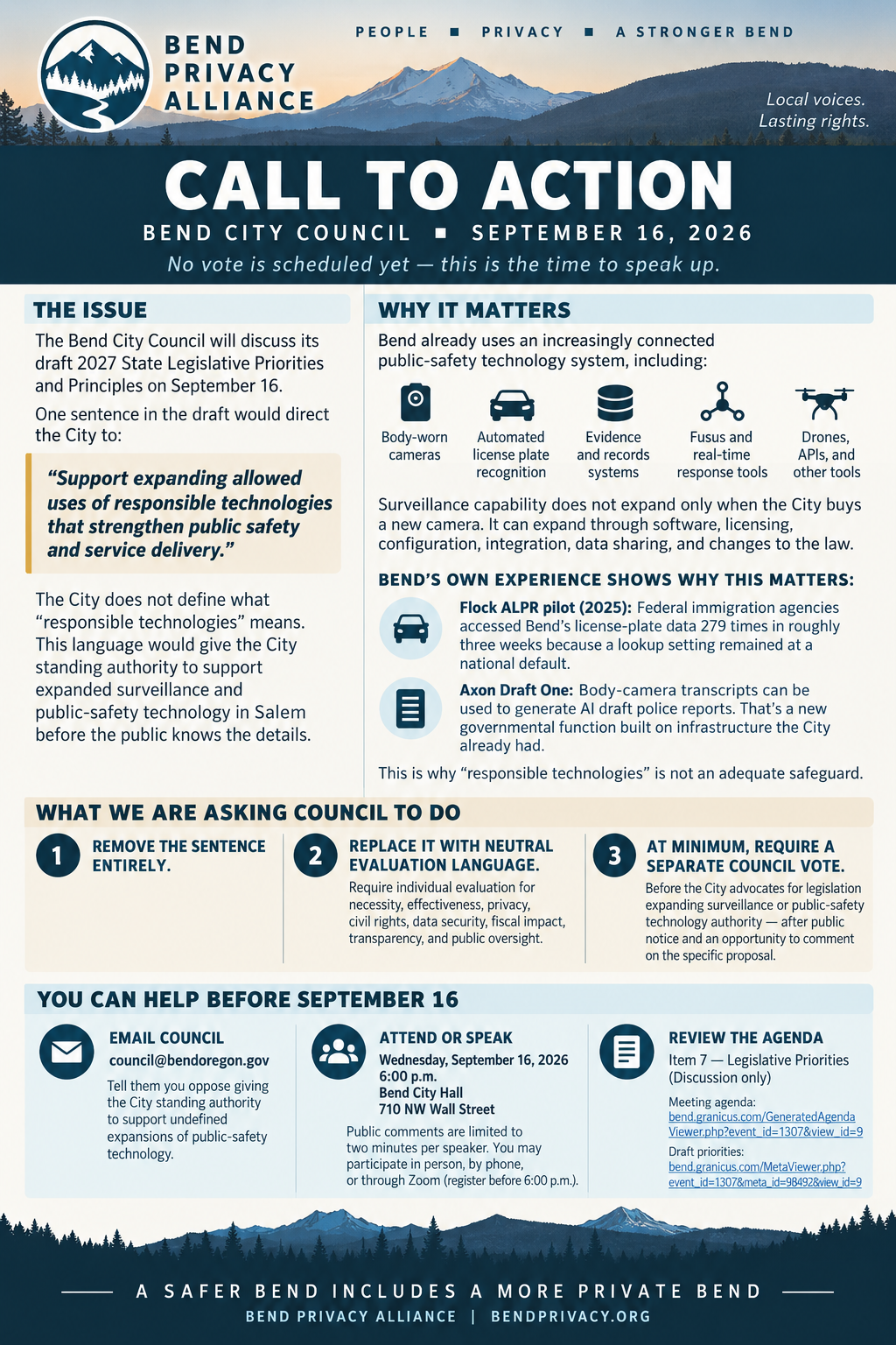 Bend Privacy Alliance Call to Action: Bend City Council, September 16, 2026. No vote is scheduled yet — this is the time to speak up. Details on the draft 2027 legislative priorities language on expanding surveillance technology, why it matters, what BPA is asking Council to do, and how to help before September 16.